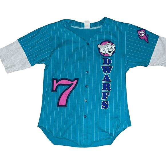 Disney's Vintage Seven Dwarfs teal and pink striped baseball jersey size small - Picture 1 of 6